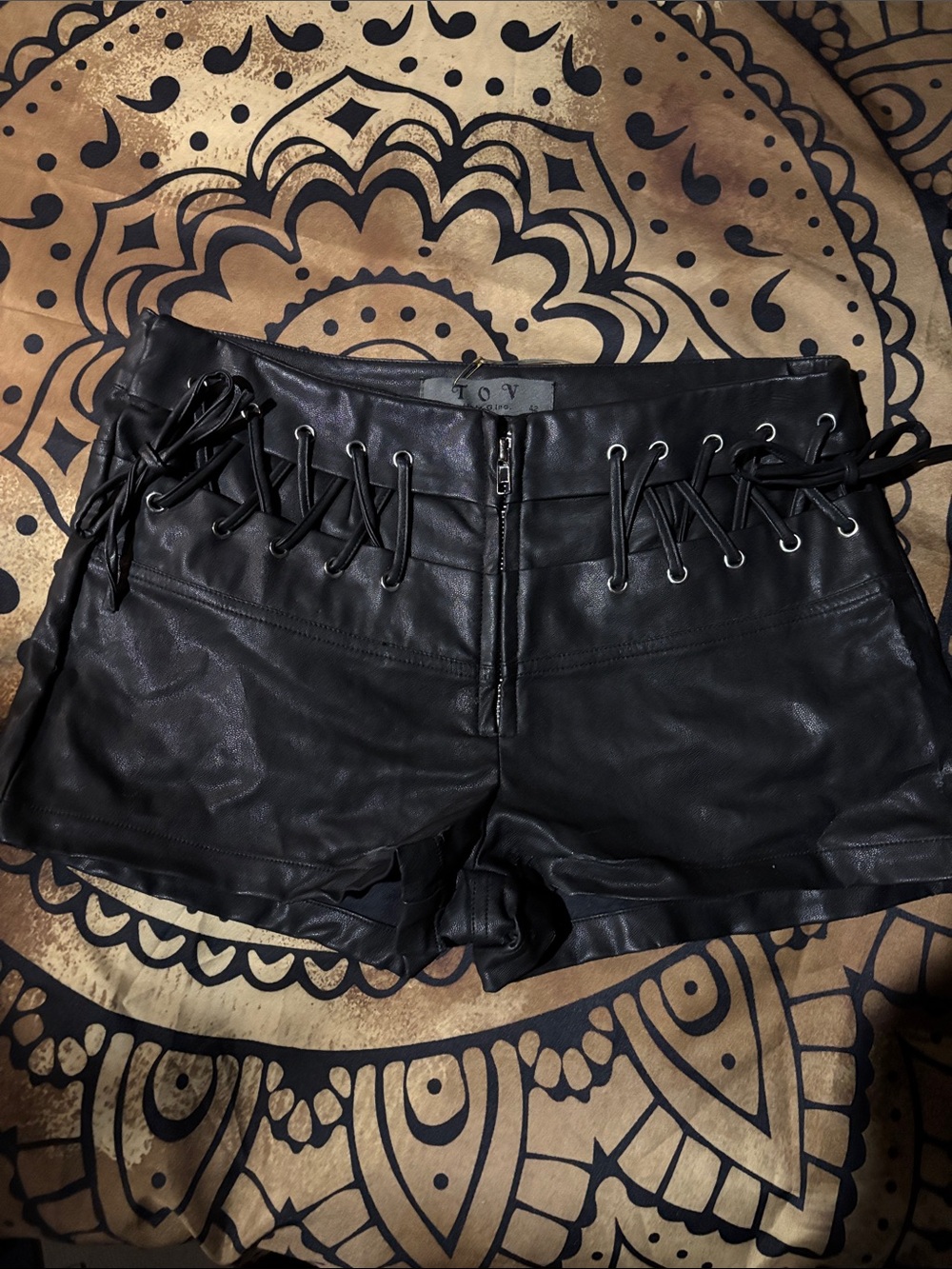 TOV Holy Black Lace-Up Faux Leather High Waist Shorts